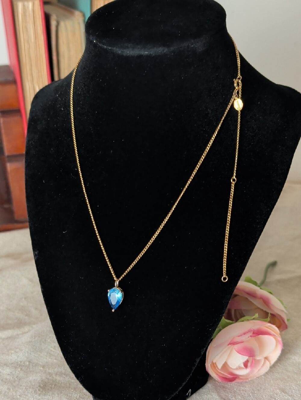 Blue Crystal Teardrop Pendant Necklace  Gold Tone Celestial Glam Statement